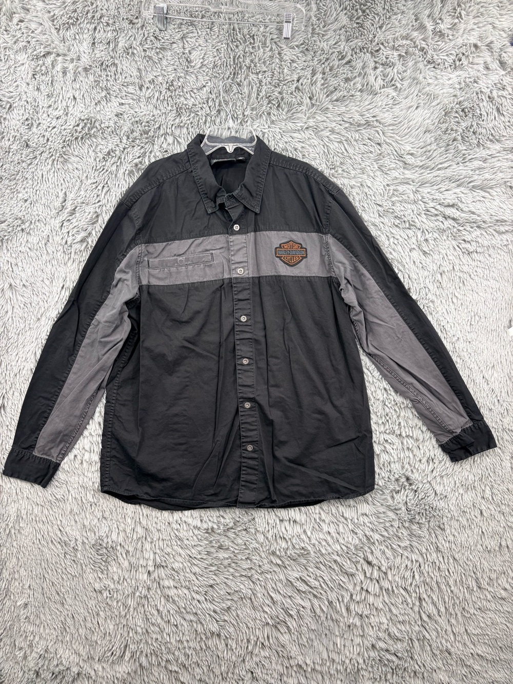 Harley Davidson Iron Bond Denim Shirt Mens XL Black Gray Button Up Colorblock